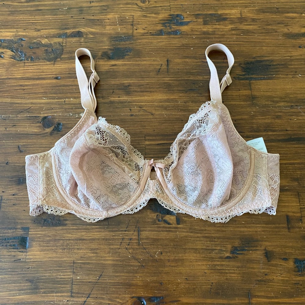 Freya Fancies Underwire Plunge Bra Peach Beige Lace 34DD Sheer Unpadded